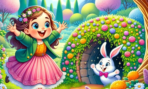 Une illustration destinée aux enfants représentant une petite fille enthousiaste qui découvre un monde magique avec un lapin de Pâques dans une tanière cachée derrière des buissons fleuris dans un parc verdoyant.