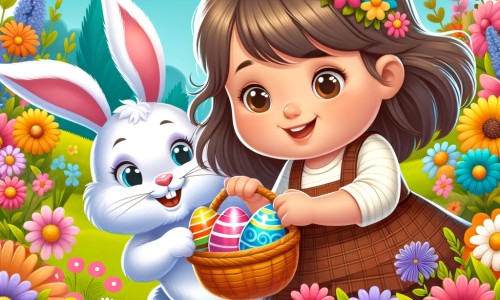 Une illustration destinée aux enfants représentant une petite fille pleine d'enthousiasme, cherchant les œufs en chocolat avec l'aide d'un adorable lapin de Pâques, dans un jardin fleuri aux couleurs éclatantes.
