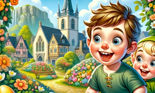 Une illustration pour enfants représentant un petit garçon plein d'excitation à la recherche des œufs de Pâques dans un village enchanté.