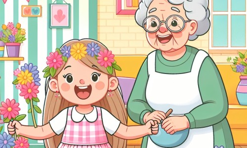 Une illustration destinée aux enfants représentant une petite fille pleine d'enthousiasme, préparant une fête surprise pour sa maman, avec l'aide de sa grand-mère, dans une maison aux murs colorés, entourée de fleurs et de guirlandes joyeusement suspendues.