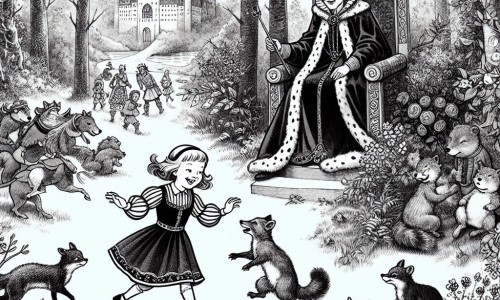 Une illustration destinée aux enfants représentant une jeune fille joyeuse, entourée d'animaux de la forêt, qui part à l'aventure dans une forêt enchantée, tandis qu'une reine autoritaire et vaniteuse tente de la ramener au château.