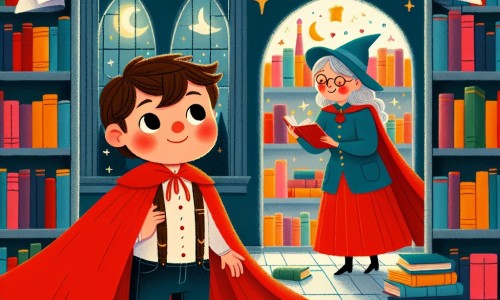Une illustration destinée aux enfants représentant un petit garçon curieux, vêtu d'une cape rouge, se tenant devant une bibliothèque enchantée, où les livres colorés disparaissent mystérieusement chaque nuit, avec l'aide d'une bibliothécaire bienveillante.