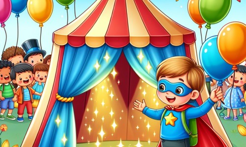 Une illustration destinée aux enfants représentant un petit garçon plein d'enthousiasme, vêtu d'un costume de super-héros, découvrant un mystérieux chapiteau étincelant au milieu d'un carnaval animé, entouré de ballons colorés flottant dans le ciel.