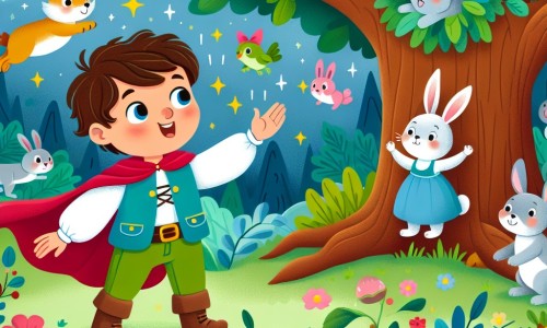 Une illustration destinée aux enfants représentant un petit garçon intrépide et curieux, qui découvre un arbre magique dans une forêt enchantée, accompagné d'un lapin parlant, entourés de fleurs multicolores et d'animaux joyeux.