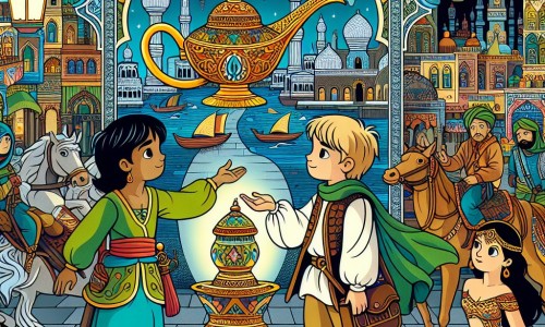 Une illustration destinée aux enfants représentant un jeune vagabond au cœur noble, se retrouvant en possession d'une lampe magique, accompagné d'une princesse rebelle, dans une ville colorée et animée aux allures orientales.