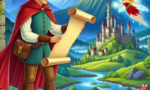 Une illustration destinée aux enfants représentant un homme intrépide, vêtu d'une cape écarlate, découvrant un parchemin ancien dans les ruines d'un château, accompagné d'une fée étincelante, dans un paysage enchanteur d'une vallée verdoyante entourée de montagnes majestueuses et de rivières scintillantes.