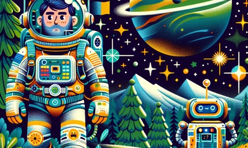 Une illustration destinée aux enfants représentant un homme intrépide, habillé d'une combinaison spatiale colorée, explorant une planète lointaine et verdoyante, accompagné d'un robot sympathique, dans un univers rempli d'étoiles scintillantes et de galaxies chatoyantes.