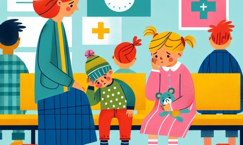 Une illustration destinée aux enfants représentant une petite fille, fatiguée et enrhumée, accompagnée de sa maman, dans une salle d'attente colorée d'un cabinet médical, avec d'autres enfants portant des pansements et des plâtres, et des jouets éparpillés sur le sol.