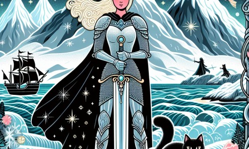 Une illustration destinée aux enfants représentant une jeune femme courageuse, vêtue d'une armure étincelante, se tenant devant une épée légendaire, accompagnée d'un chat noir mystérieux, dans un royaume fantastique aux montagnes enneigées et aux océans tumultueux.