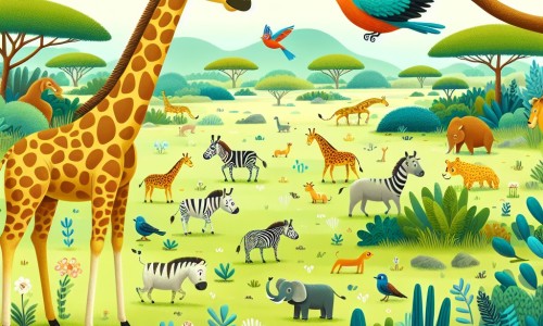 Une illustration destinée aux enfants représentant une élégante girafe aux longues pattes, émerveillée devant un oiseau multicolore, dans une savane vaste et verdoyante parsemée d'arbres majestueux et d'animaux curieux.