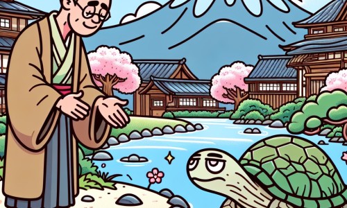 Une illustration destinée aux enfants représentant un homme humble et généreux, rencontrant une tortue magique épuisée près d'une rivière dans un petit village japonais entouré de montagnes majestueuses et de cerisiers en fleurs.