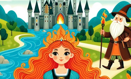Une illustration destinée aux enfants représentant une jeune femme aux cheveux de feu, plongée dans une quête extraordinaire au cœur d'un château majestueux, accompagnée d'un mystérieux sorcier, dans un paysage médiéval enchanteur où se mêlent collines verdoyantes, rivières cristallines et tours imposantes.