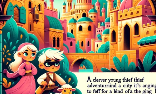 Une illustration pour enfants représentant un jeune voleur rusé et malin qui doit surmonter de nombreux obstacles dans une ville fantastique pour sauver une princesse injustement chassée du palais.