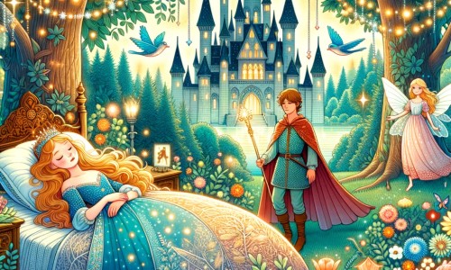 Une illustration destinée aux enfants représentant une jeune princesse endormie depuis des siècles dans un château ensorcelé, accompagnée d'un prince courageux, dans une forêt enchantée où les arbres sont recouverts de fleurs lumineuses aux couleurs chatoyantes.