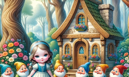 Une illustration destinée aux enfants représentant une jeune fille au teint de porcelaine, vêtue d'une robe bleue, se trouvant dans une charmante petite maison en bois, entourée de sept adorables nains, dans une forêt enchantée aux arbres majestueux et aux fleurs colorées.