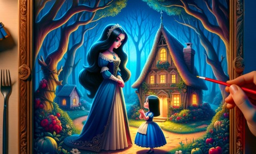 Une illustration destinée aux enfants représentant une jeune fille aux longs cheveux noirs, vêtue d'une robe bleue, qui vit dans une petite maison en bois au milieu d'une forêt enchantée, et qui se retrouve confrontée à une méchante belle-mère qui ne pense qu'à sa propre beauté et qui la maltraite.