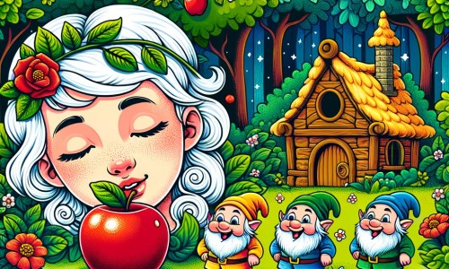 Une illustration destinée aux enfants représentant une jeune fille au teint aussi pur que la neige, plongée dans un sommeil profond après avoir croqué une pomme empoisonnée, accompagnée par de joyeux nains dans leur charmante maisonnette au cœur de la forêt enchantée.
