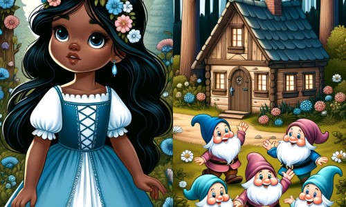Une illustration destinée aux enfants représentant une jeune fille aux cheveux noirs comme l'ébène, vêtue d'une robe bleue, qui se retrouve perdue dans une forêt enchantée où elle découvre une charmante maisonnette habitée par sept adorables nains.