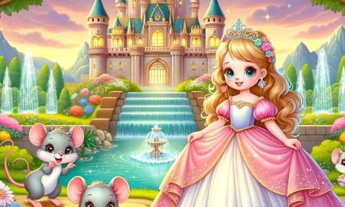 Une illustration destinée aux enfants représentant une jeune fille au cœur pur, vêtue d'une robe lumineuse, aidée par des souris malicieuses, dans un magnifique château entouré de jardins enchantés et de fontaines scintillantes.