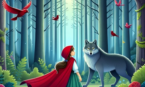 Une illustration destinée aux enfants représentant une jeune fille portant une cape rouge vif, se trouvant face à un loup rusé, dans une forêt dense et mystérieuse remplie d'arbres majestueux et d'oiseaux colorés.