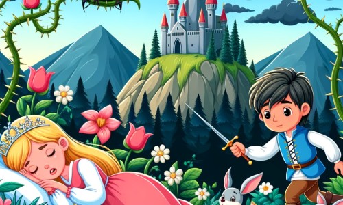 Une illustration pour enfants représentant une belle jeune femme plongée dans un sommeil éternel, dans un château endormi au cœur d'un royaume heureux et prospère.