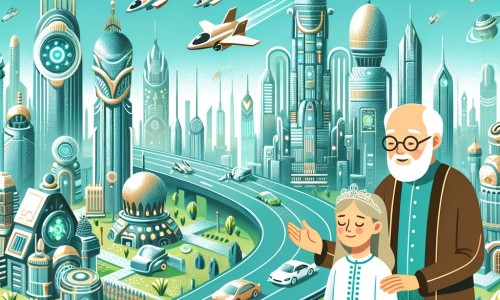 Une illustration pour enfants représentant une jeune femme endormie depuis des siècles qui se réveille dans un monde futuriste rempli de voitures volantes et de tours immenses, déterminée à sauver l'environnement.