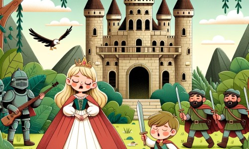 Une illustration destinée aux enfants représentant une jeune princesse endormie depuis des siècles, sauvée par un jeune garçon courageux, accompagnés d'une armée de rebelles, dans un château abandonné envahi par la végétation luxuriante des jardins royaux.