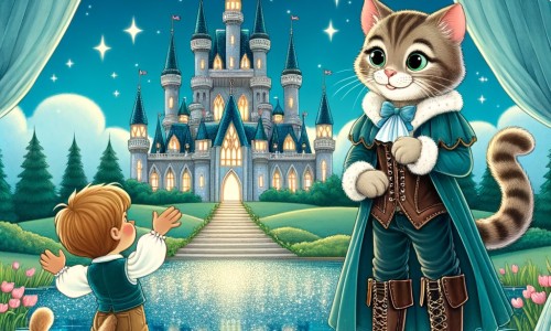 Une illustration destinée aux enfants représentant un charmant félin vêtu de bottes en cuir, se tenant devant un magnifique château en bordure d'un étang scintillant, tandis qu'il aide un jeune garçon à se transformer en prince charmant pour conquérir le cœur d'une princesse lors d'une soirée enchantée.