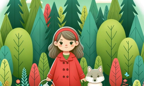 Une illustration pour enfants représentant une petite fille courageuse, vêtue d'un manteau rouge, qui lutte contre la destruction de la forêt et sensibilise les humains à la protection de l'environnement, dans une forêt futuriste.