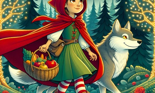 Une illustration pour enfants représentant une jeune fille intrépide, portant un panier de nourriture, traversant une forêt futuriste en compagnie d'un loup robot gentil mais qui cache un secret.