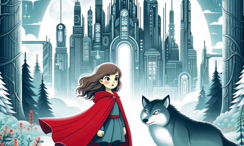 Une illustration destinée aux enfants représentant une jeune fille intrépide vêtue d'une cape rouge, se tenant devant une mystérieuse forêt enchantée où elle rencontre un loup rusé, dans un monde futuriste rempli de gratte-ciel et de voitures volantes.