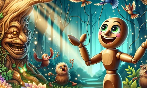 Une illustration destinée aux enfants représentant une marionnette en bois au sourire espiègle, confrontée à des épreuves et entourée de créatures fantastiques, dans une forêt enchantée aux arbres majestueux et aux fleurs lumineuses.