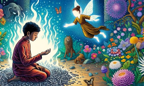 Une illustration destinée aux enfants représentant une jeune fille au cœur brisé, entourée de cendres, qui rencontre une fée magique dans un jardin fleuri où les papillons virevoltent.