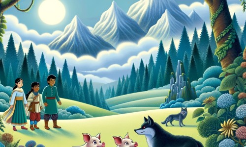 Une illustration destinée aux enfants représentant un adorable trio de cochons courageux, confrontés à des loups redoutables, dans un magnifique paysage de prairies verdoyantes entourées d'une mystérieuse forêt enchantée.