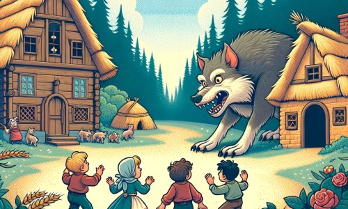 Une illustration destinée aux enfants représentant un adorable trio de petits cochons, confrontés à un loup affamé, dans un charmant village en bordure d'une forêt dense, où ils construisent des maisons en paille, en bois et en brique pour échapper au vent violent.