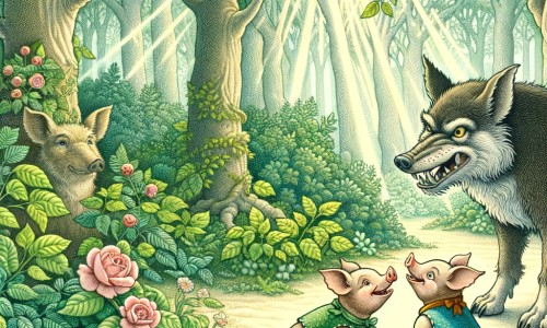 Une illustration destinée aux enfants représentant un adorable trio de frères cochons, confrontés à un loup affamé, dans une forêt dense et verdoyante où les rayons du soleil filtrent à travers les feuilles.