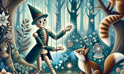 Une illustration destinée aux enfants représentant un petit pantin en bois, animé par la magie, qui se retrouve perdu dans un monde enchanté, accompagné d'un chat rusé et d'un renard malicieux, dans une forêt enchantée aux arbres majestueux et aux fleurs lumineuses.