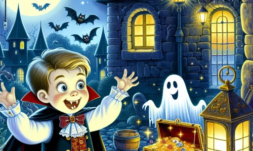 Une illustration destinée aux enfants représentant un petit garçon plein d'enthousiasme, vêtu d'un costume de vampire, découvrant un trésor magique en compagnie d'un fantôme amical, dans une maison hantée aux murs recouverts de toiles d'araignées et de chauves-souris, éclairée par une lanterne vacillante.