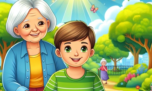 Une illustration destinée aux enfants représentant un petit garçon au sourire radieux, accompagné d'une vieille dame aux cheveux argentés, se promenant sous les arbres verdoyants d'un parc ensoleillé, égayant les journées des enfants malades à l'hôpital.