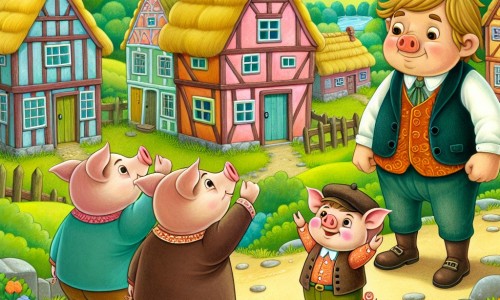 Une illustration destinée aux enfants représentant un adorable petit cochon, accompagné de ses deux frères, faisant face à un puissant promoteur immobilier, dans un village pittoresque entouré de verdure luxuriante et de maisons colorées en bois, paille et briques.