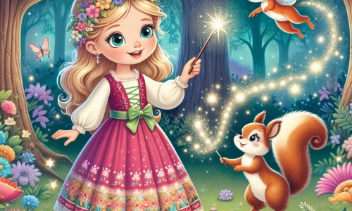 Une illustration destinée aux enfants représentant une petite fille aux cheveux blonds, vêtue d'une robe colorée, faisant des tours de magie avec une baguette étincelante, accompagnée d'un écureuil malicieux, dans une forêt enchantée remplie de fleurs lumineuses, d'arbres majestueux et de fées virevoltantes.