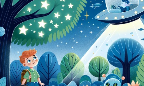Une illustration destinée aux enfants représentant un homme rêveur observant les étoiles depuis son jardin, avant d'être transporté à bord d'une soucoupe volante vers une planète lointaine et mystérieuse, où il rencontre une petite créature bleue et explore une forêt enchantée aux arbres géants et aux feuilles brillantes comme des émeraudes.