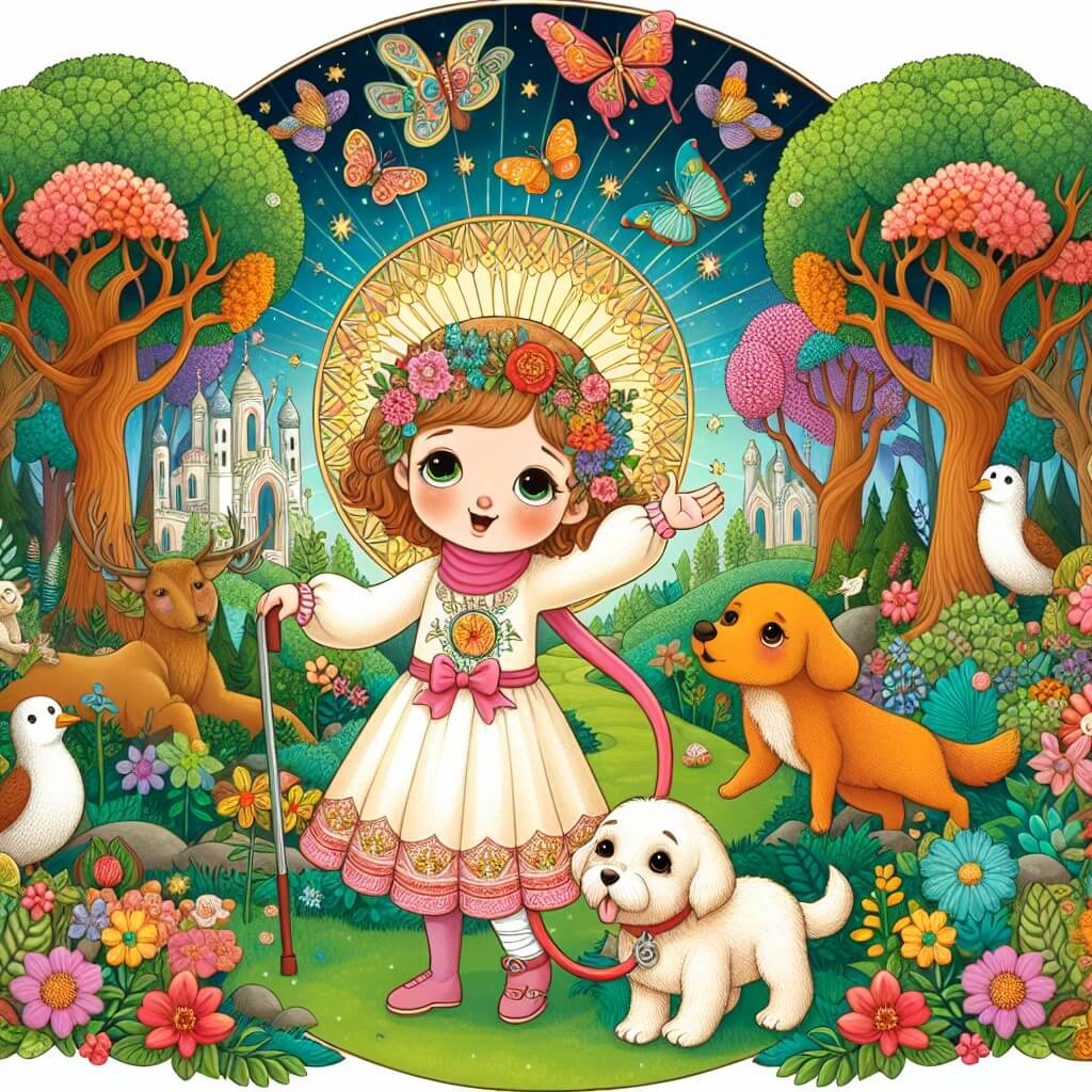 Une illustration destinée aux enfants représentant une petite fille, rayonnante de vie malgré la maladie, accompagnée d'un chien fidèle, explorant une forêt enchantée aux arbres majestueux, aux fleurs chatoyantes et aux animaux curieux, tous prêts à partager leurs histoires magiques.