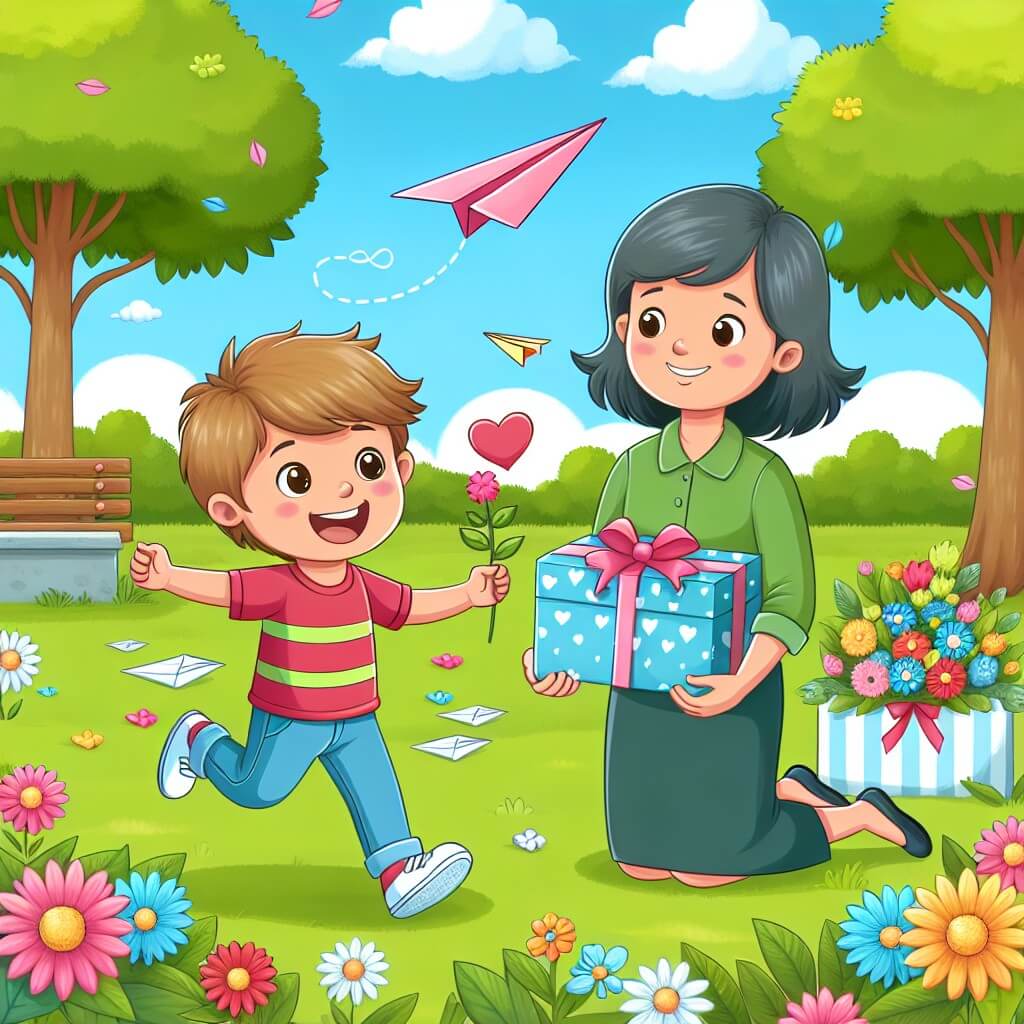 Une illustration destinée aux enfants représentant un petit garçon plein d'énergie et de joie, préparant une surprise pour sa maman lors de la fête des mères, accompagné d'un adorable avion en papier, dans un parc verdoyant parsemé de fleurs colorées.